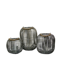 BROWN OVAL LANTERN CANDLE HOLDER AND ROPE S/3